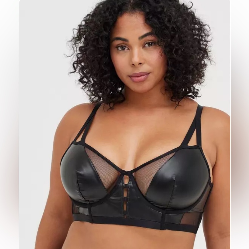 Torrid Curve Unlined Longline Underwire Bralette, faux leather and mesh, Size 2x